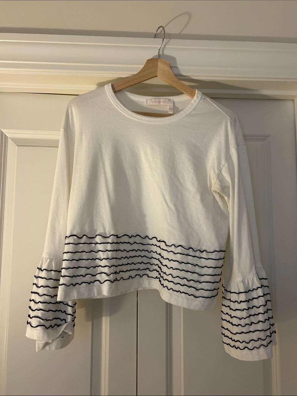 See By Chloe Cream Long Sleeve Tee with Navy Ruffle Wave Trim